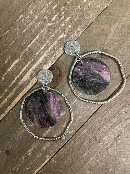 Black shimmer Acrylic charms and Silver circles Stud EarringsPink tiful of LOVE