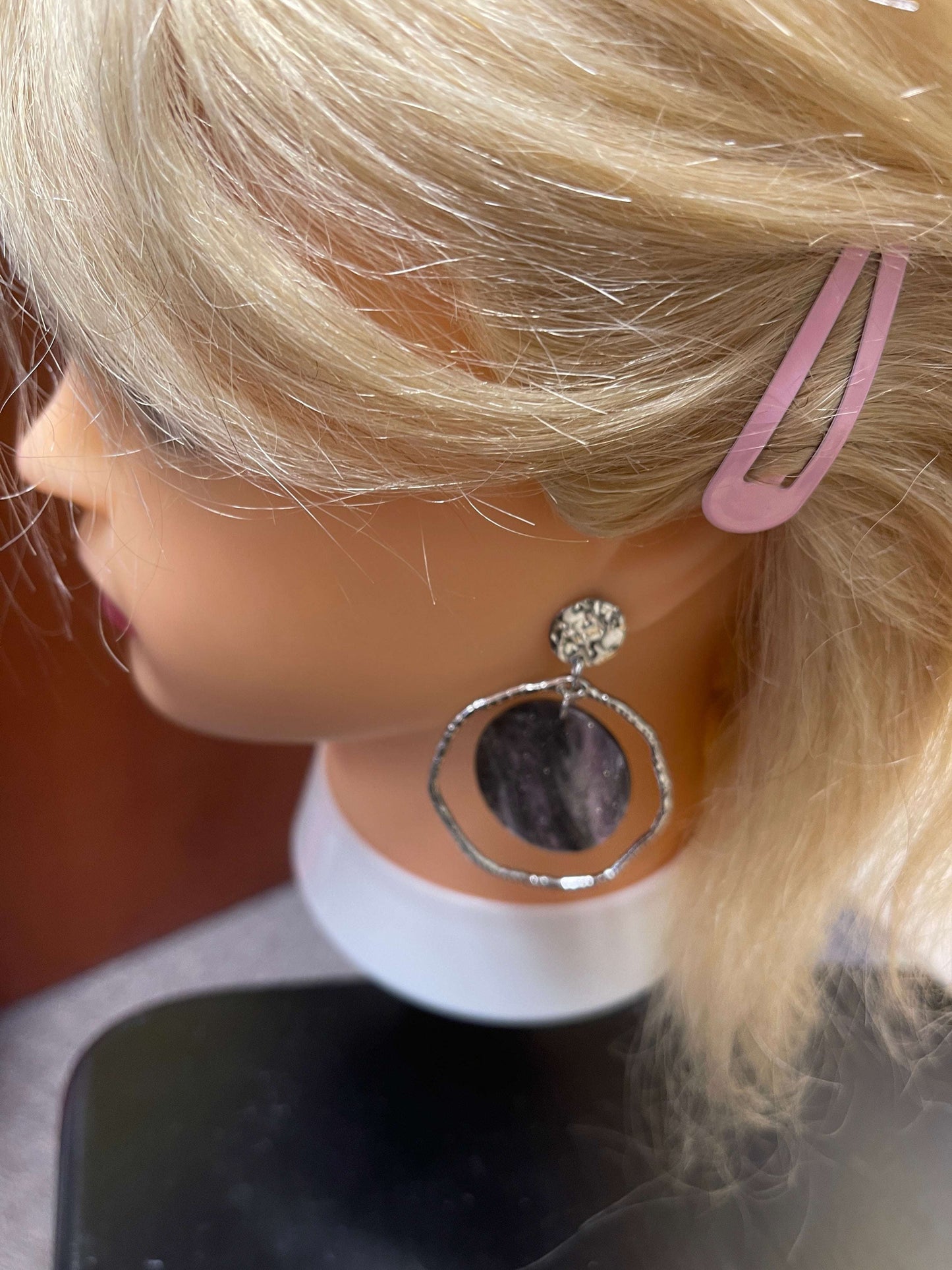 Black shimmer Acrylic charms and Silver circles Stud EarringsPink tiful of LOVE