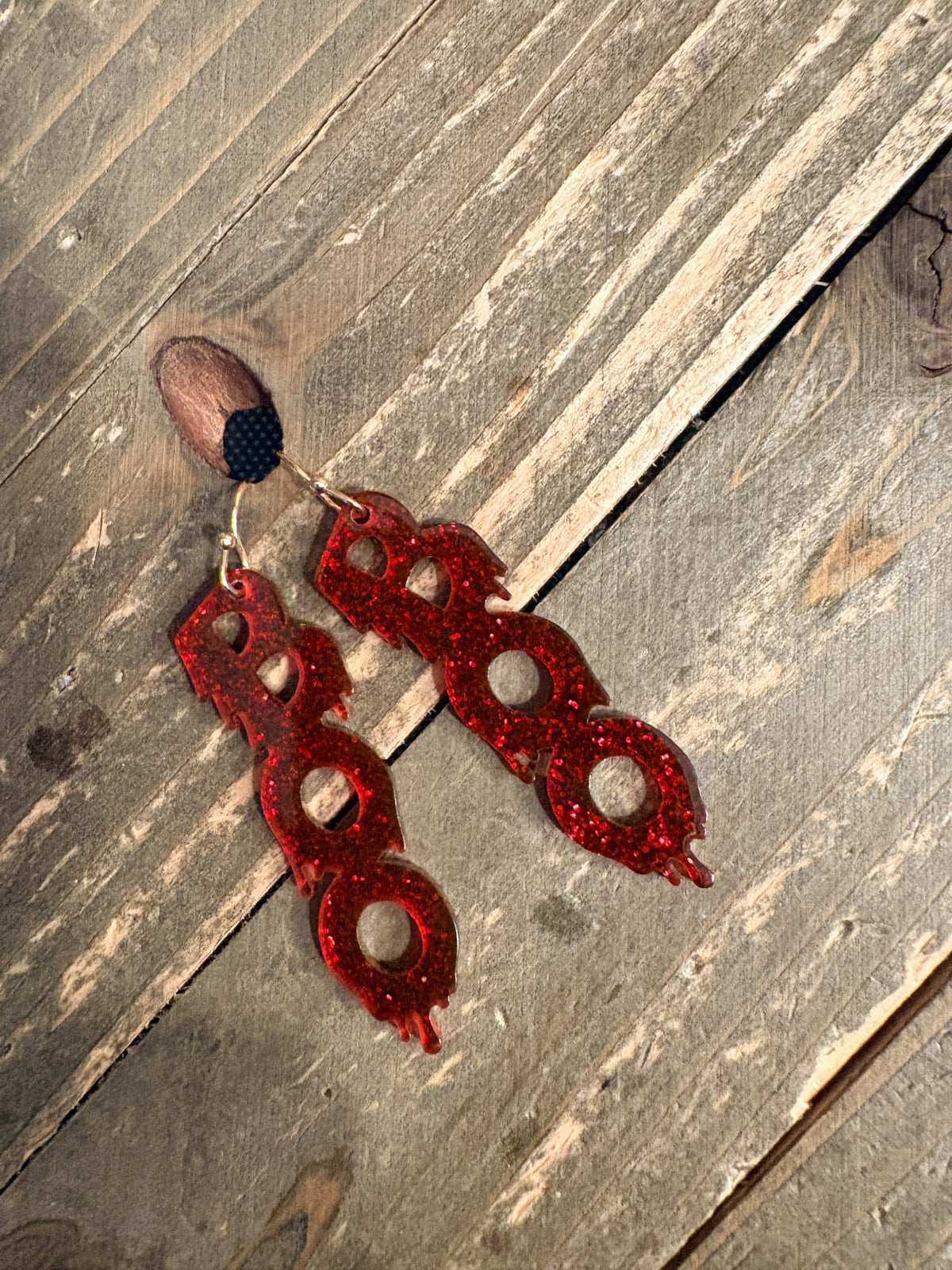 BOO blood red glitter acrylic dripping blood Halloween earrings with wire hooks