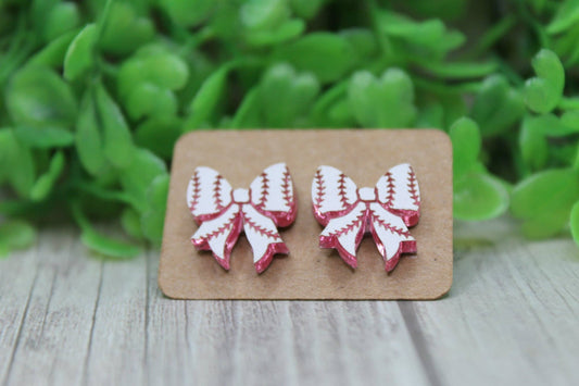 Pink Mirrored White Baseball Bow Stud Earrings