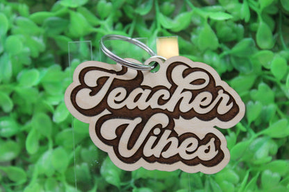 Teacher Vibes Wooden Keychain