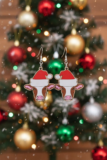 Christmas Cow Earrings – Handcrafted Wooden Holiday Jewelry