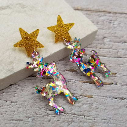 Christmas Confetti Reindeer Earrings | Festive Holiday Acrylic Dangle Earrings