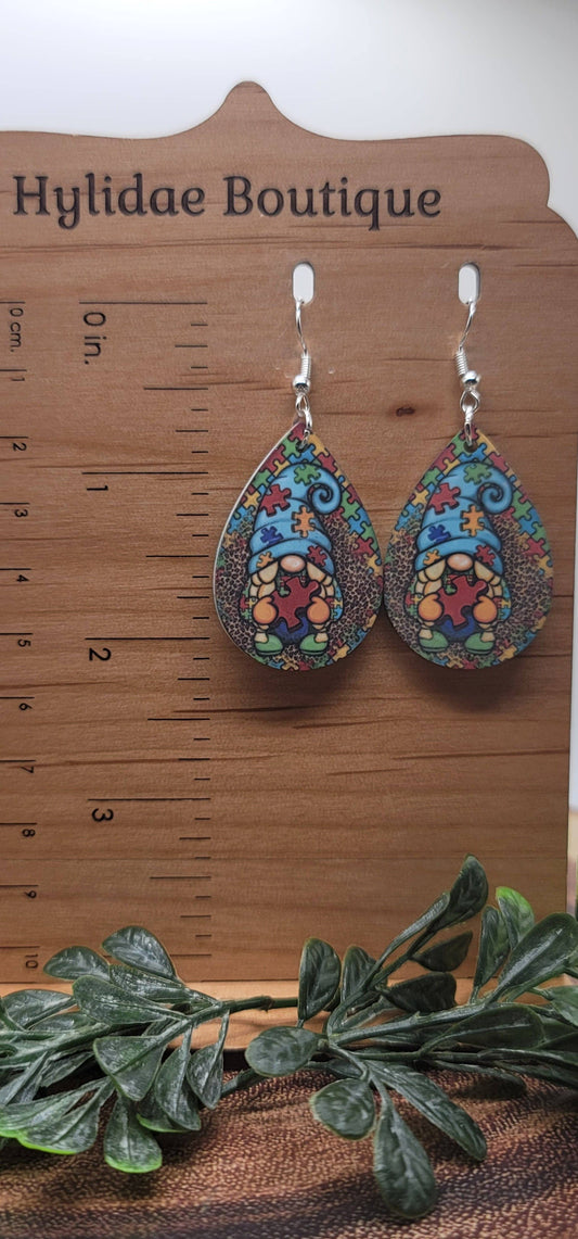Autism Awareness Gnome Teardrop Wire Earrings