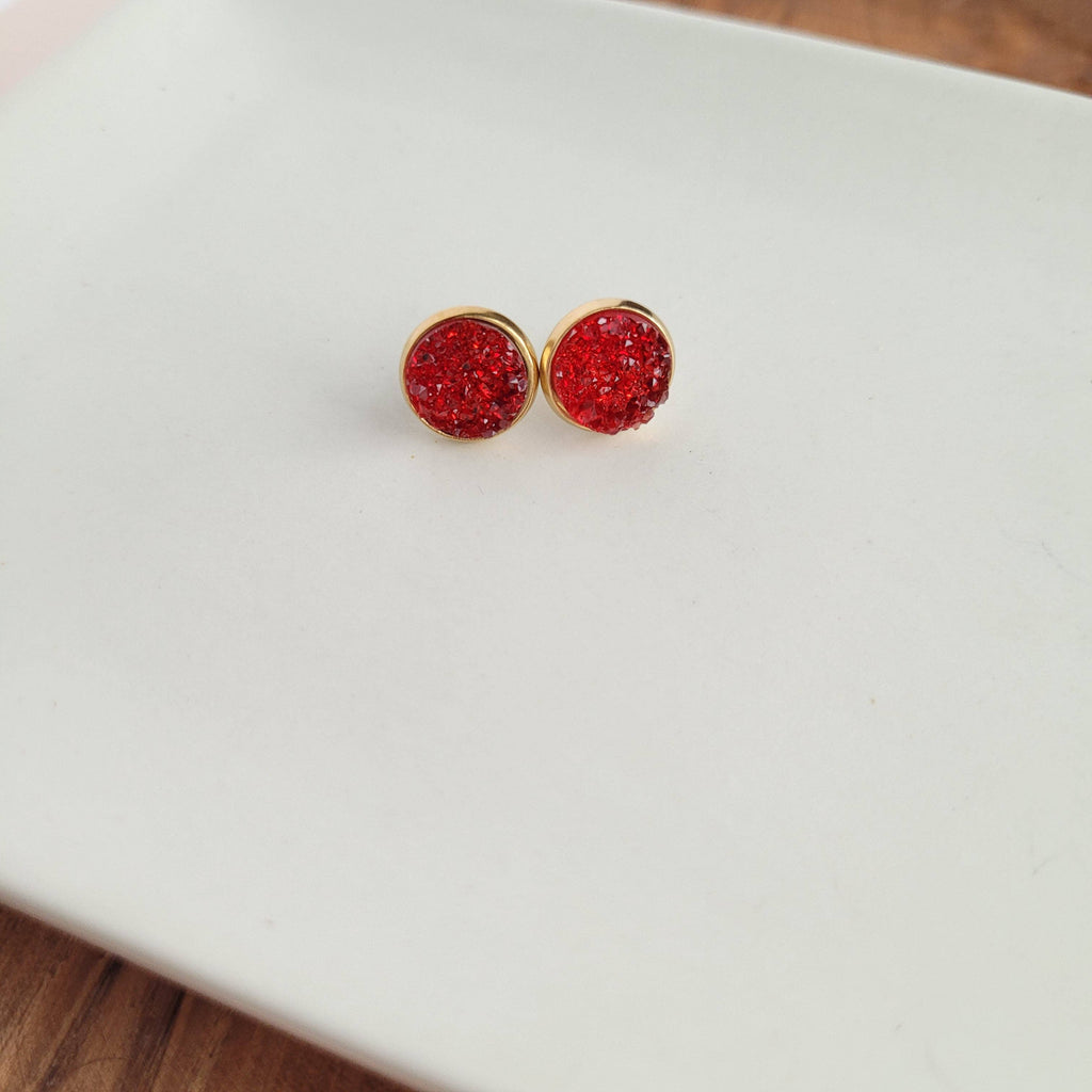 Red Geode Druzy Stud Earrings