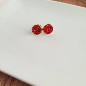 Red Geode Druzy Stud Earrings