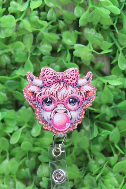 Pink Bubblegum Highland Cow Glitter Emblem – Badge Reel, Brooch, or Tie Tack  m