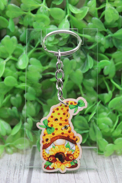 🌻 Sunflower Gnome Wooden Keychain