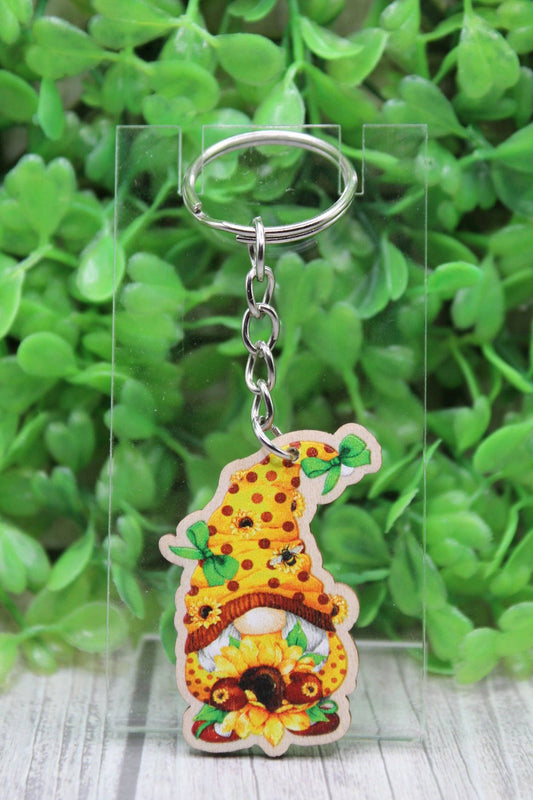 🌻 Sunflower Gnome Wooden Keychain