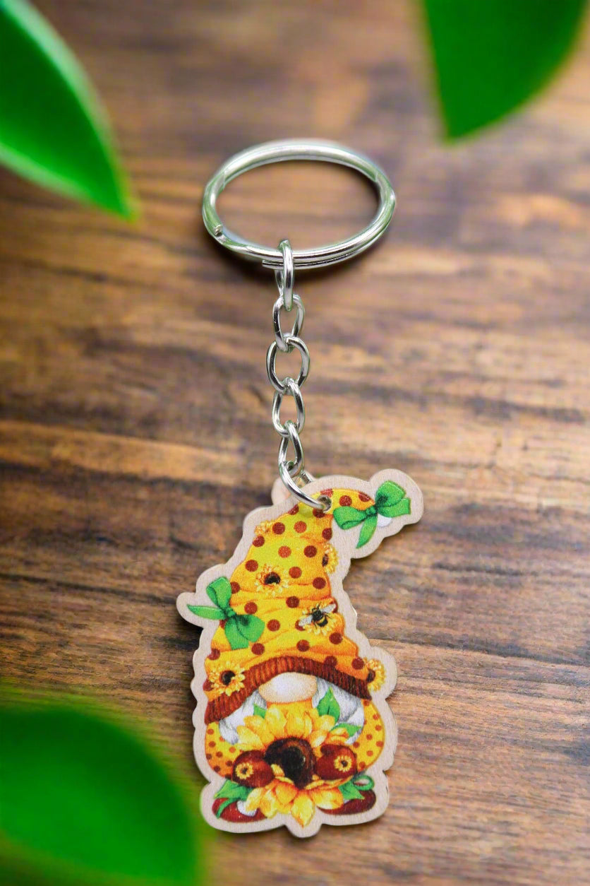 🌻 Sunflower Gnome Wooden Keychain