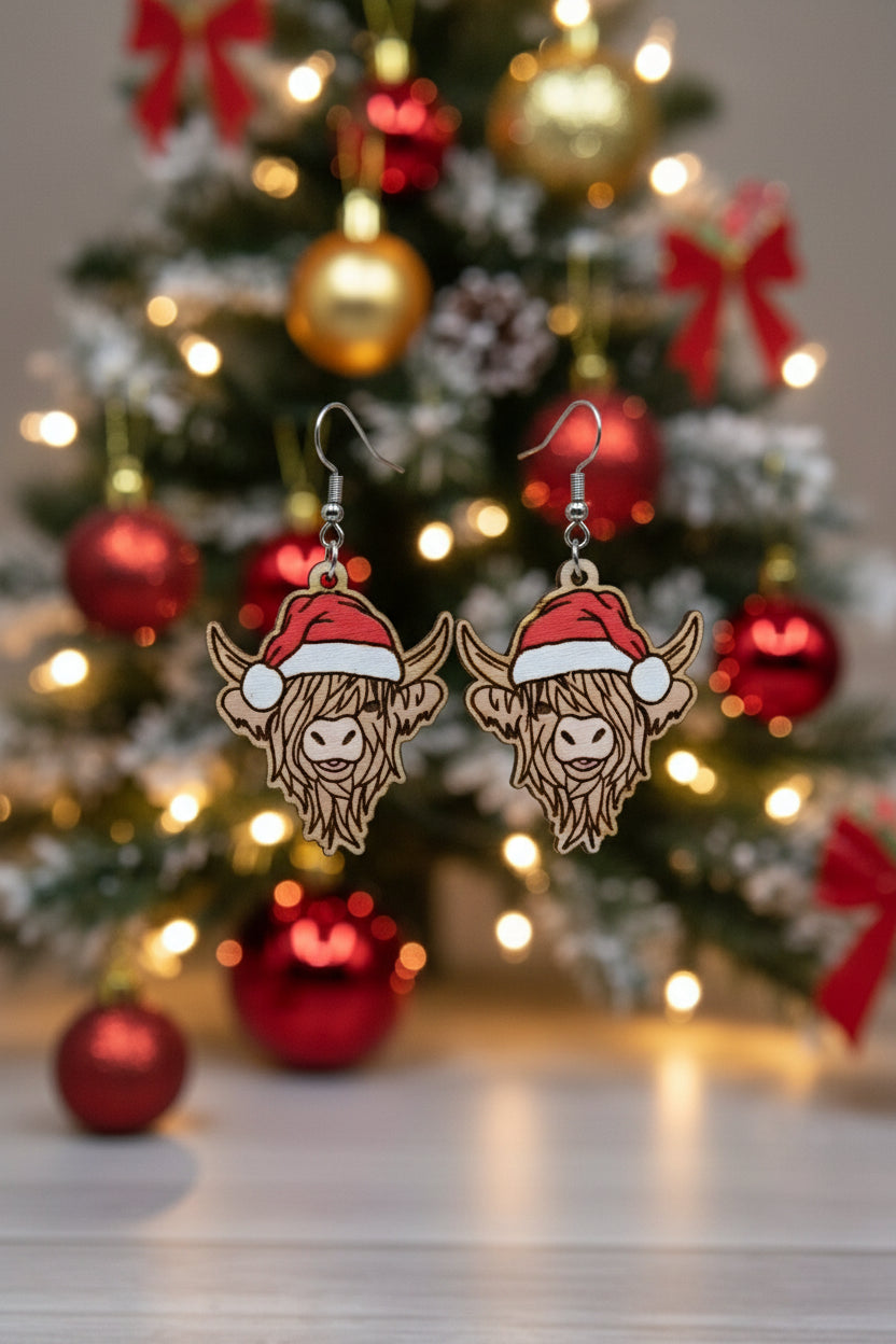 Holiday Highland Cow Earrings – Handcrafted Wooden Christmas Jewel