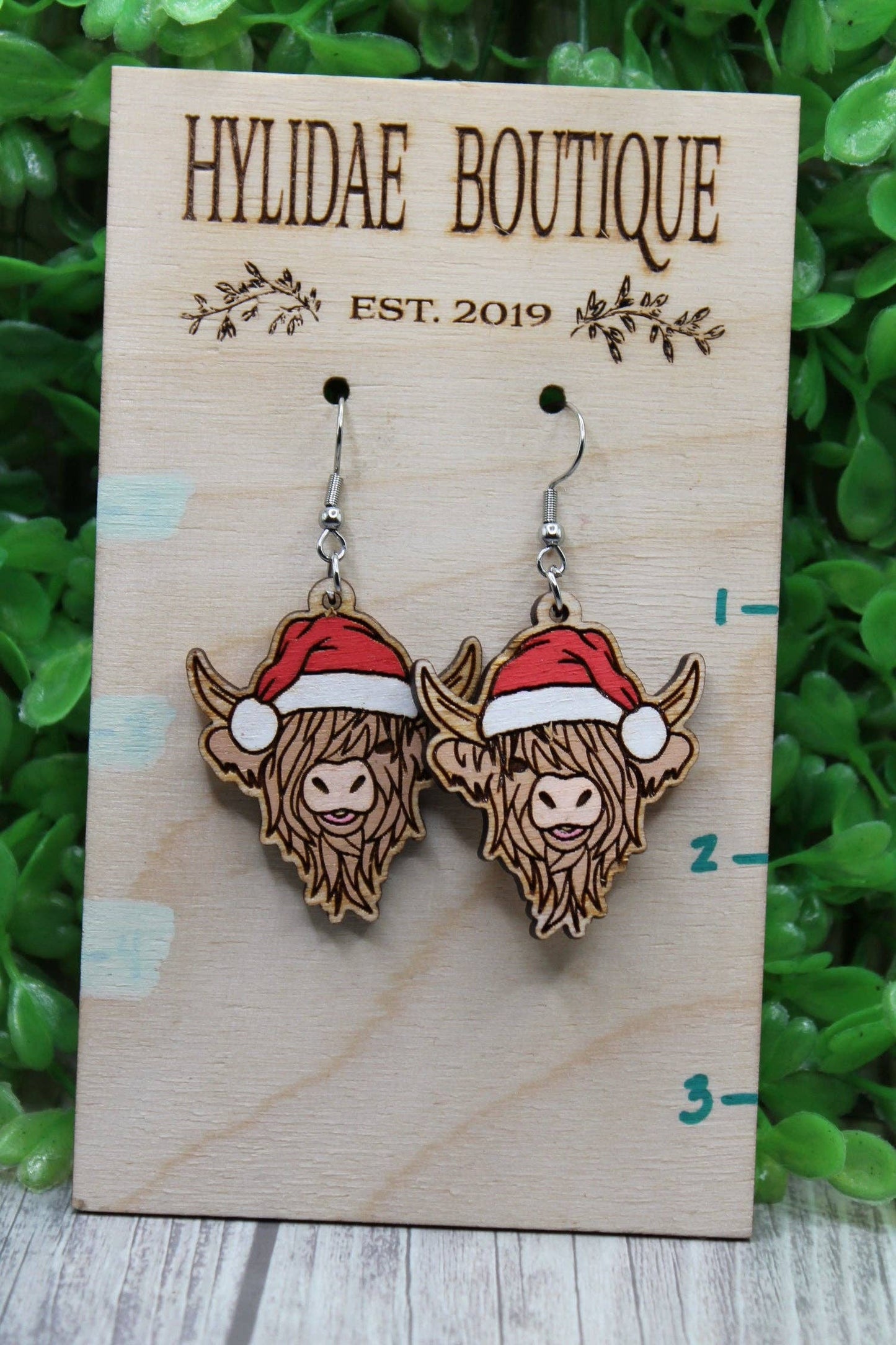Holiday Highland Cow Earrings – Handcrafted Wooden Christmas Jewel