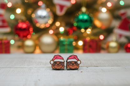 Santa Sloth Wooden Stud Earrings – Handmade Hypoallergenic Holiday Jewelry