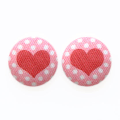 Polka Dot Heart Fabric button Stud Earrings