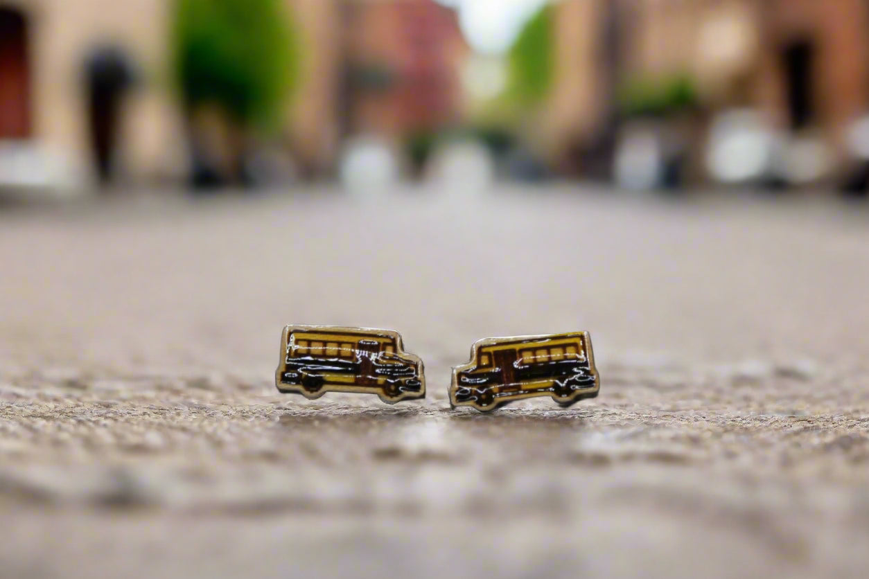 🚌 School Bus Wood Stud Earrings – Handmade Teacher Jewelry