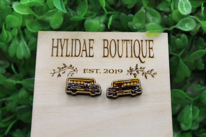 🚌 School Bus Wood Stud Earrings – Handmade Teacher Jewelry