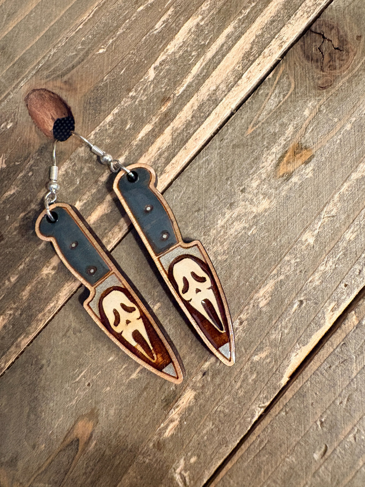 Hand-painted wooden Ghost Face knife Halloween dangle earrings