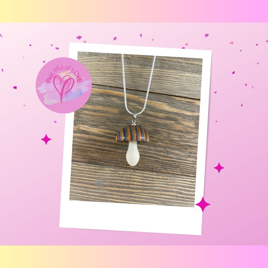Mushroom Wooden Pendant on a Silver chain NecklacePink tiful of LOVE