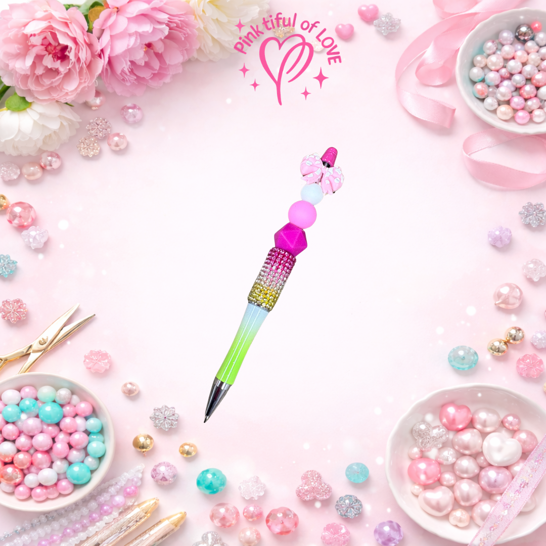 Pink Bow Bling Beaded Pen – Rhinestone Ombre Silicone Statement Pen