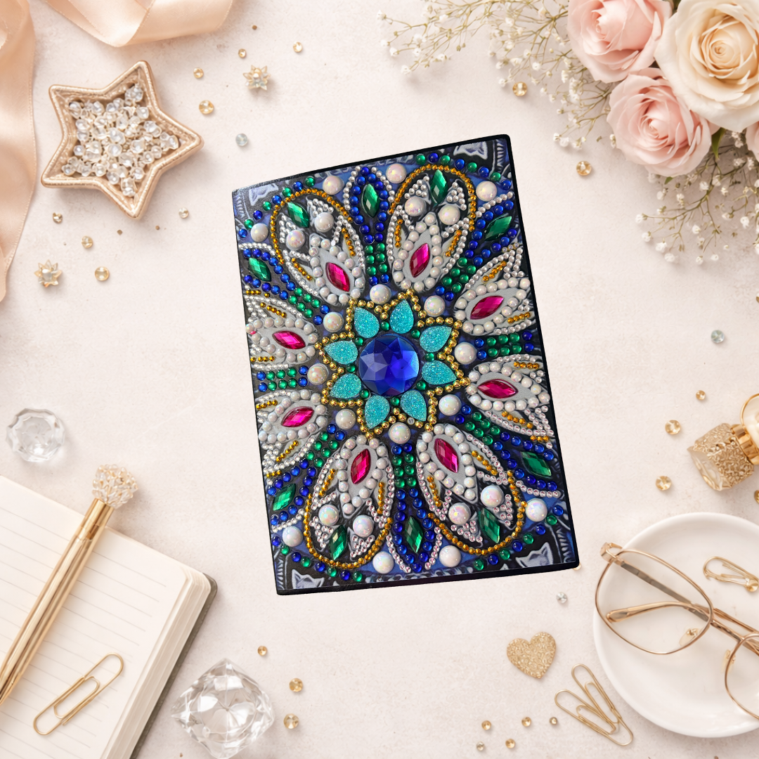 Blue & Emerald Mandala Diamond Art Painted Journal – Rhinestone Embellished Notebook