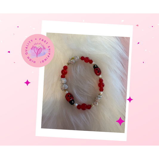 🌸🐞 Ladybug & Flower Sparkle Beaded Stretch Bracelet 🐞🌸