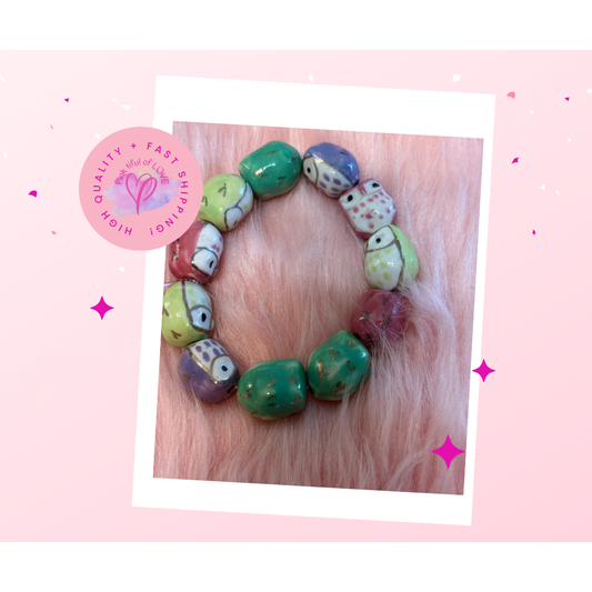 🦉 Multicolour Ceramic Owl Beaded Stretch Bracelet
