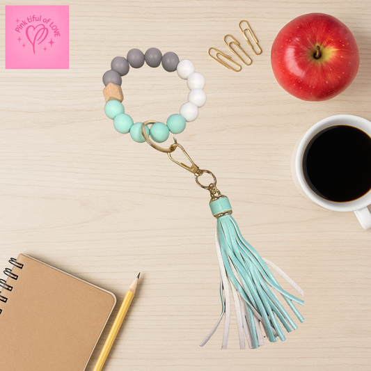 Mint & Grey Beaded Wristlet Keychain with Tassel