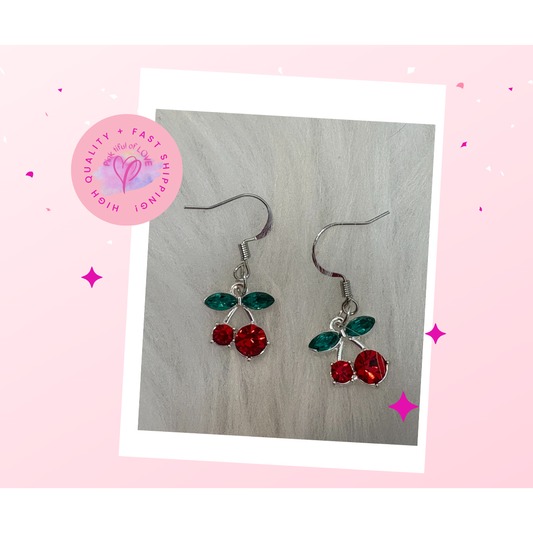 🍒✨ Rhinestone Cherry Charm Wire Earrings ✨🍒