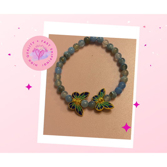 🦋💙 Blue Dyed Agate Butterfly Stretchy Bracelet (6mm Beads, 7" Fit) 💙🦋