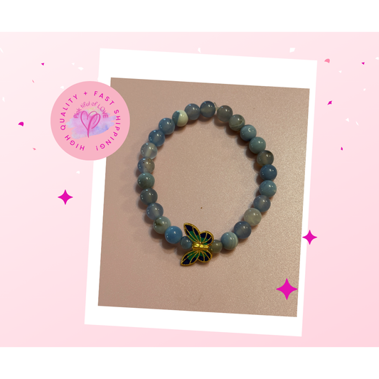 🦋💙 Blue Dyed Agate Butterfly Stretchy Bracelet (8mm Beads, 7.5" Fit) 💙🦋