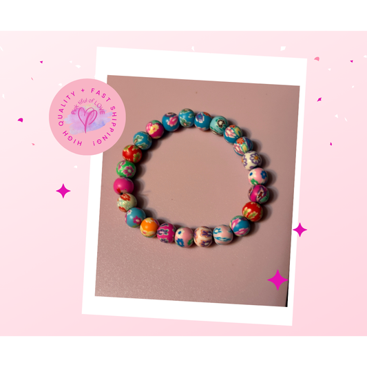 🌸🎨 Colorful Floral Polymer Clay Beaded Stretchy Bracelet 🎨🌸
