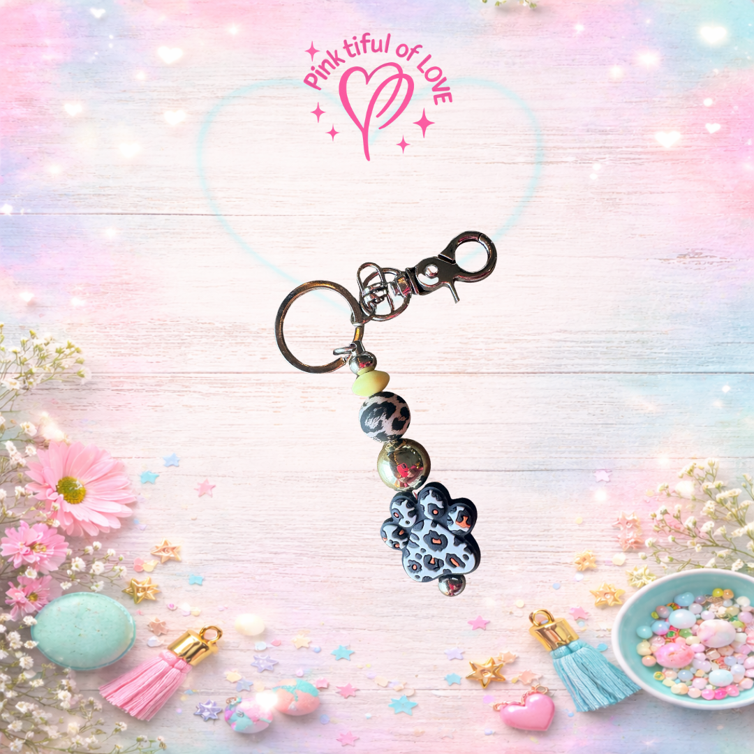 Leopard Paw Beadable Keychain – Neutral Animal Print Paw Charm with Silver Hardware