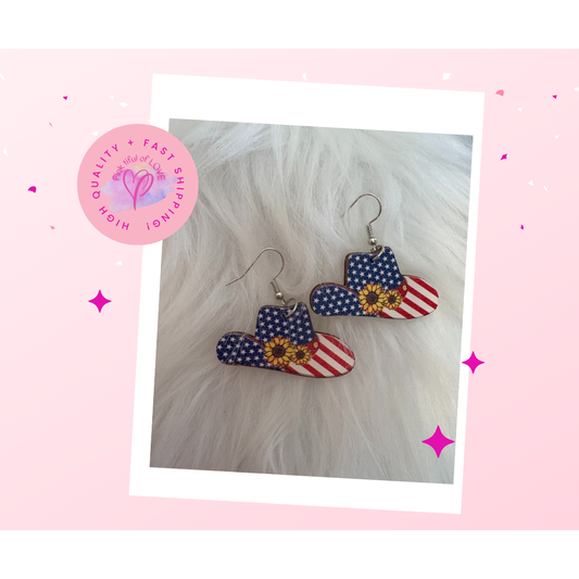 4th of July Western Cowgirl Hat Wire Earrings