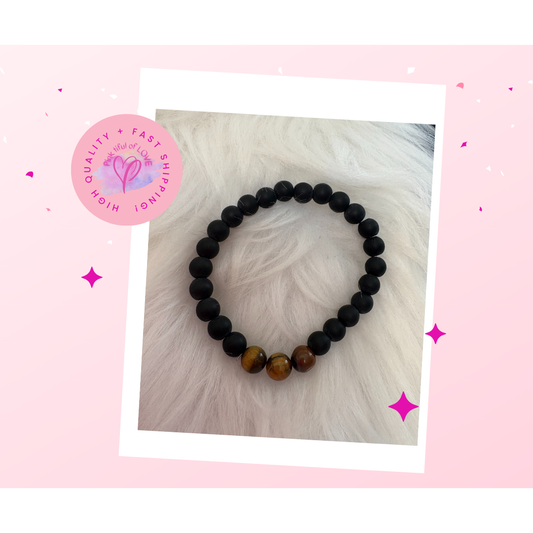 Black Stone an Tiger's Eye Beaded Elastic/Stretch Bracelet -10
