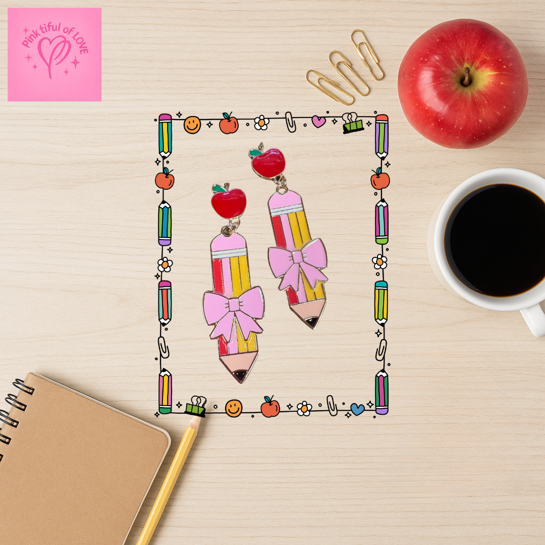 Pencil & Apple Bow Drop Earrings