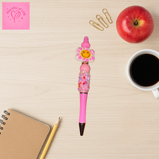 Pink Smiley Flower Beadable Pen – Glitter & Shine Edition