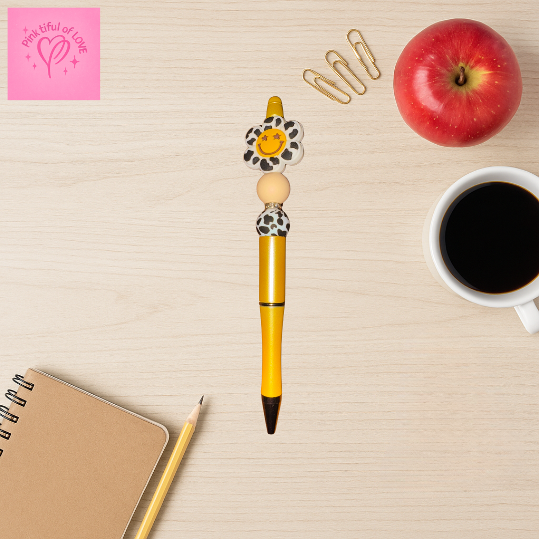 🐆 Leopard Smiley Flower Beadable Pen – Wildly Happy Vibes