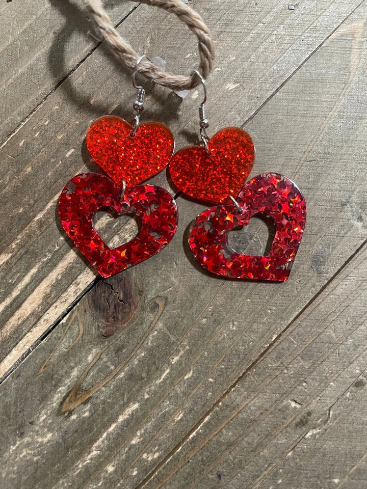 Red Stacked Heart Wire Earrings – Glitter & Star Sequin Resin Hearts