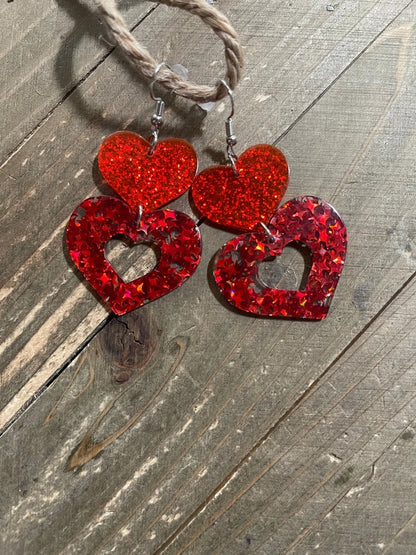 Red Stacked Heart Wire Earrings – Glitter & Star Sequin Resin Hearts