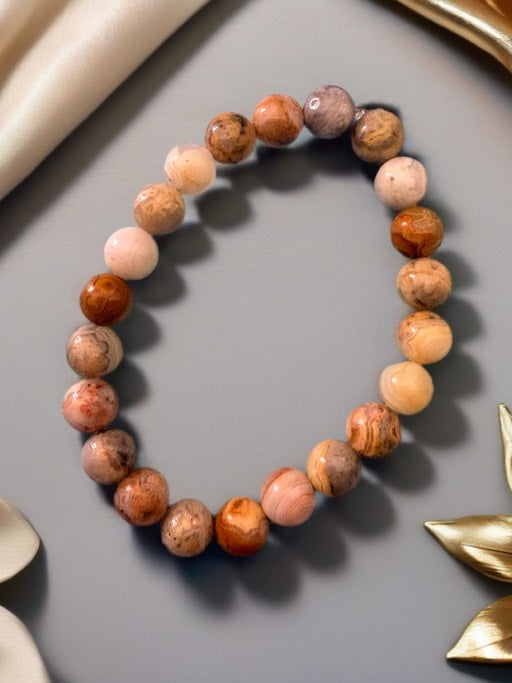 Earth Tone Agate Round Beaded Stretch Bracelet — Warm Swirl, 8mm Glossy Beads, 7"