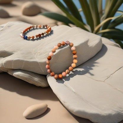 Earth Tone Agate Round Beaded Stretch Bracelet — Warm Swirl, 8mm Glossy Beads, 7"