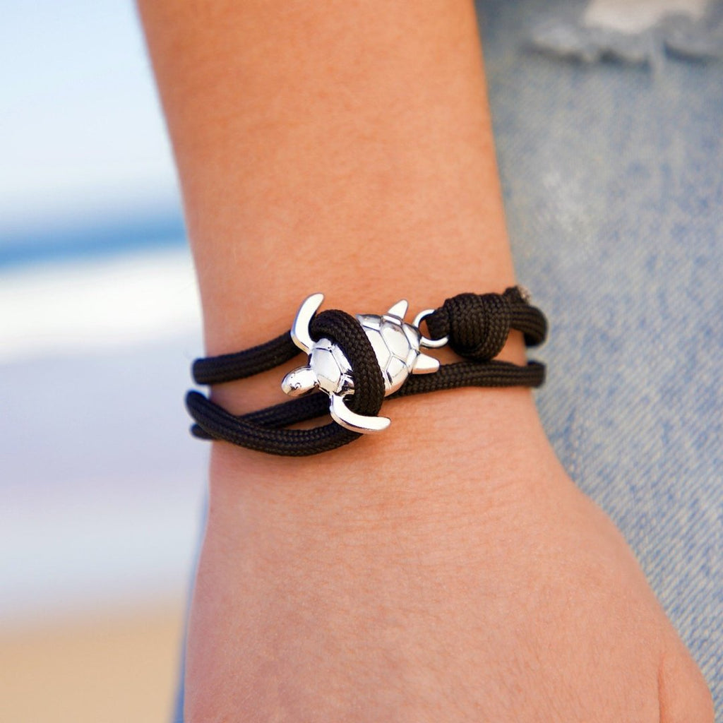 Black Rope Silver Sea Turtle Bracelet