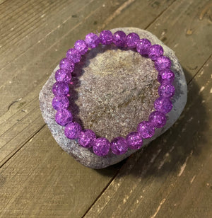 Purple Round Cracked Glass Beaded Elastic/Stretch Bracelet