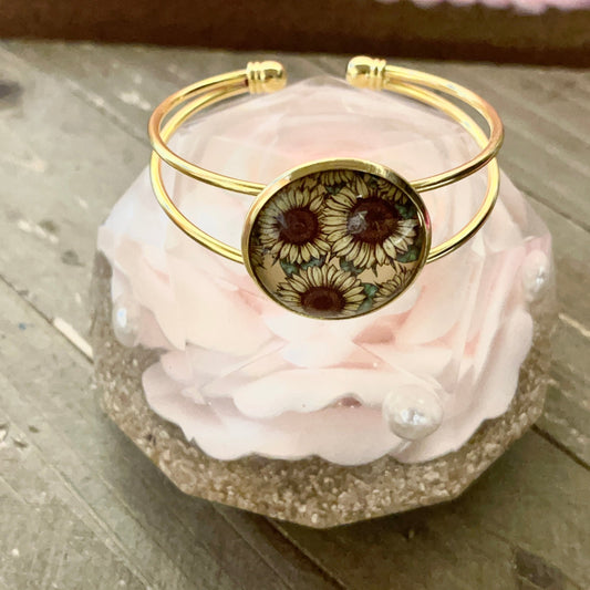 Sunflower bracelet; sunflowers on a Single Gold Cuff BraceletPink tiful of LOVE