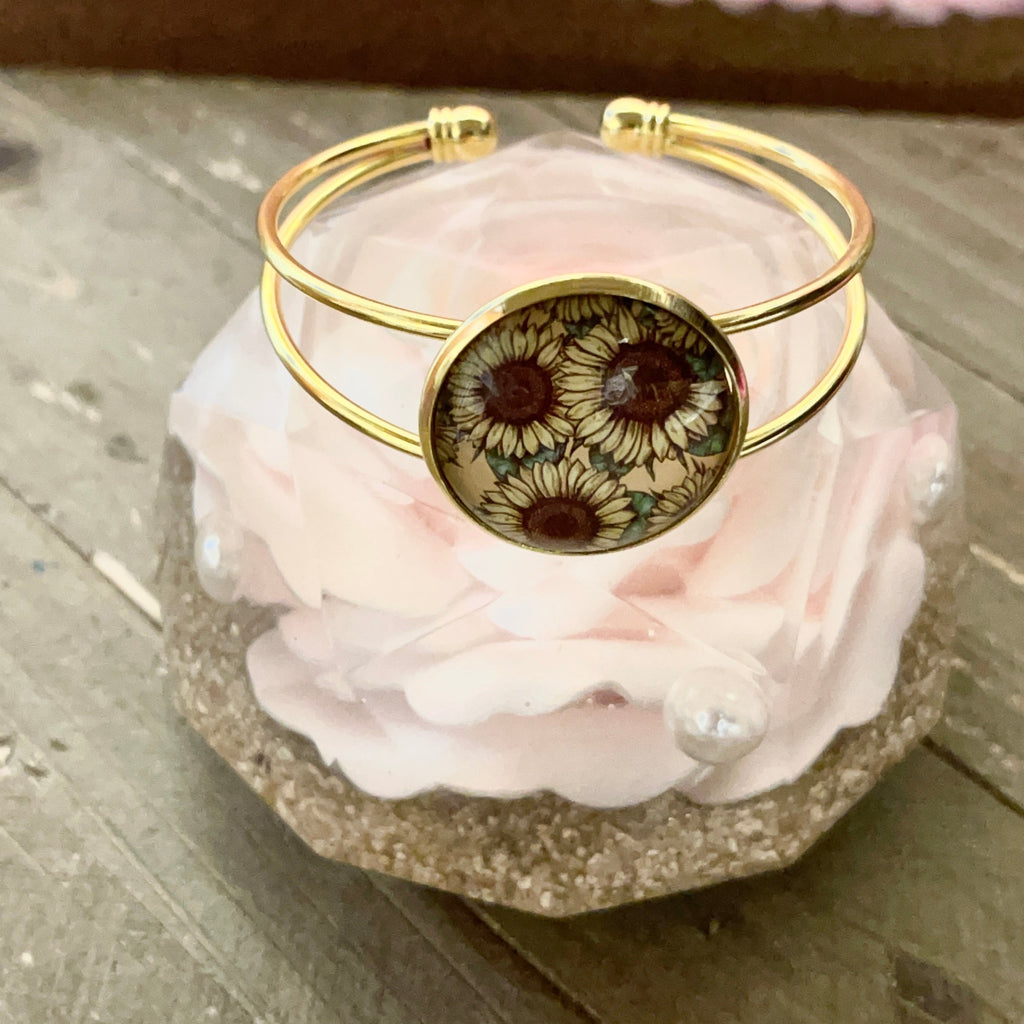Sunflowers (BT211-20SGCBT) on a Single Gold Cuff Bracelet