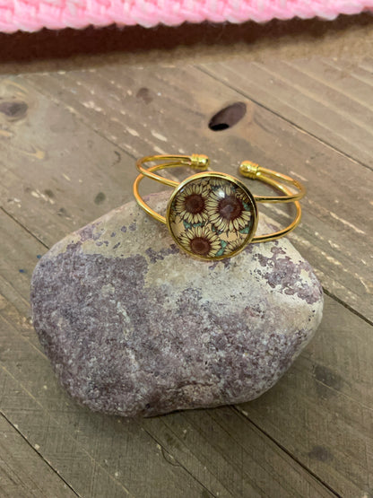 Sunflower bracelet; sunflowers on a Single Gold Cuff BraceletPink tiful of LOVE