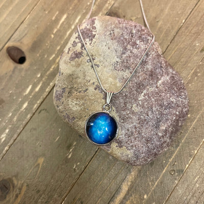 Cosmic SKY Cabochon  Pendant on a Silver Chain Necklace (NK201-12Sky)