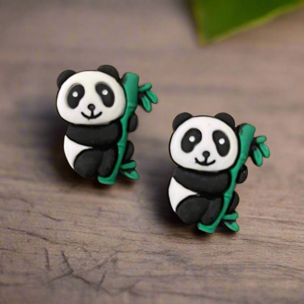 Bamboo Panda Bear Stud Earrings
