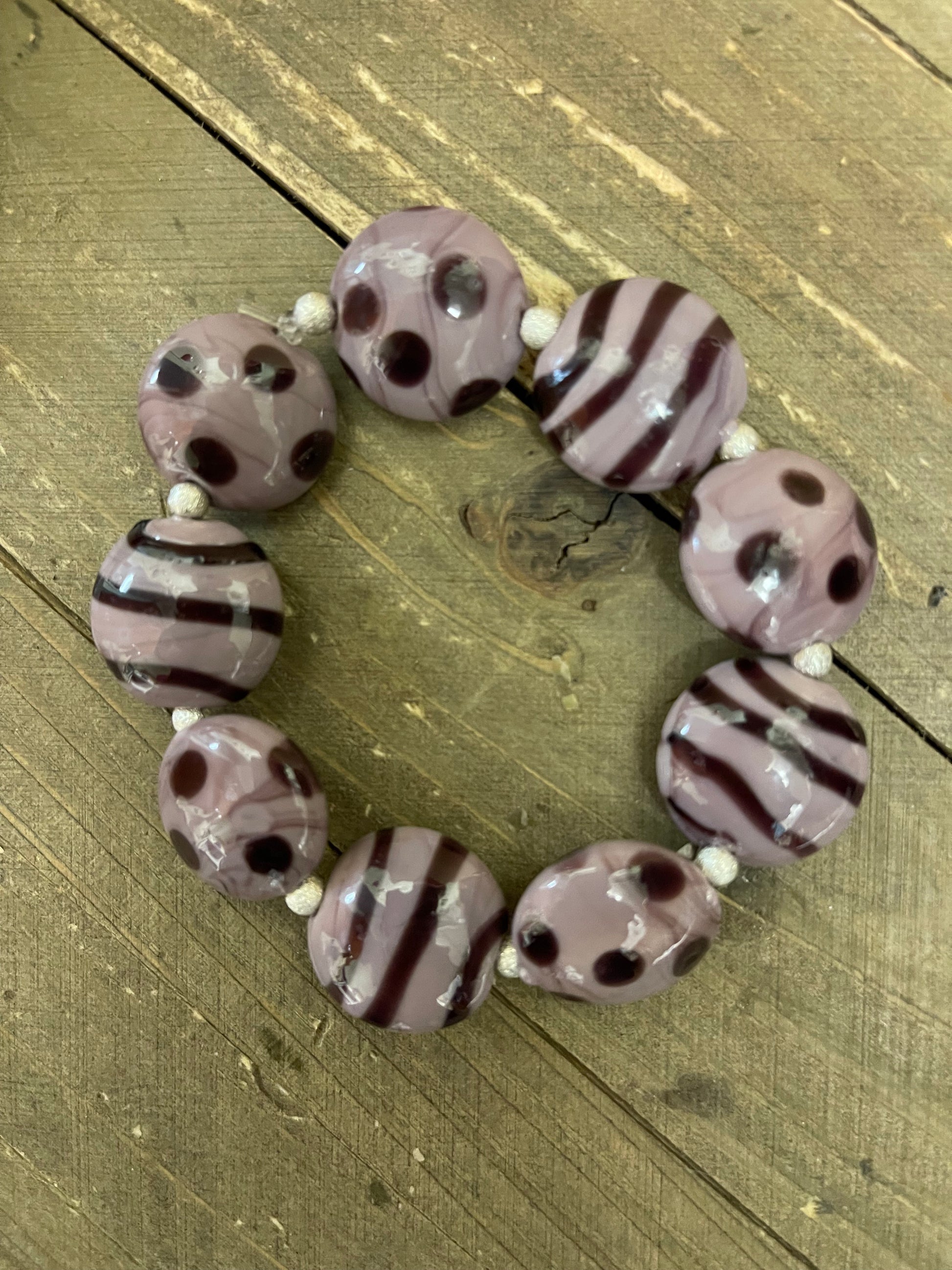Purple polka dot and striped disc shaped glass Beaded Elastic/Stretch BraceletPink tiful of LOVE