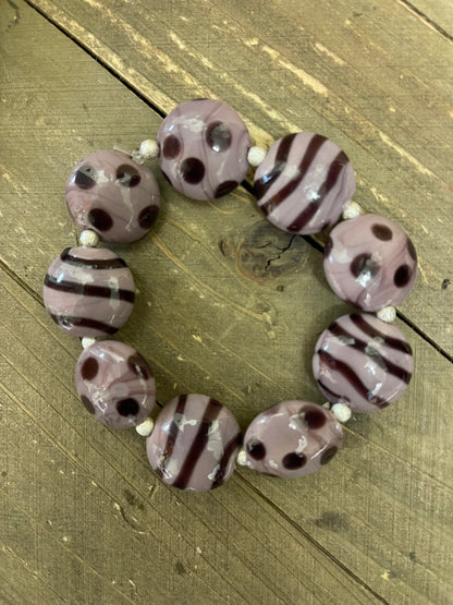 Purple polka dot and striped disc shaped glass Beaded Elastic/Stretch BraceletPink tiful of LOVE